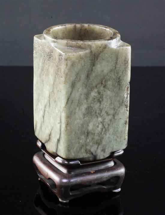 A Chinese grey and black veined jade cong, Ming dynasty, 9.7cm, fitted wood stand